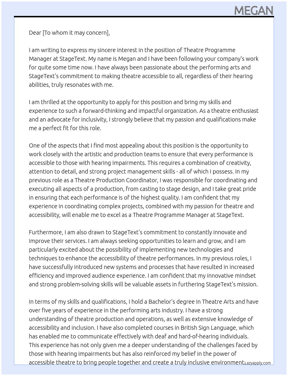 Theatre Programme Manager At StageText Cover Letter