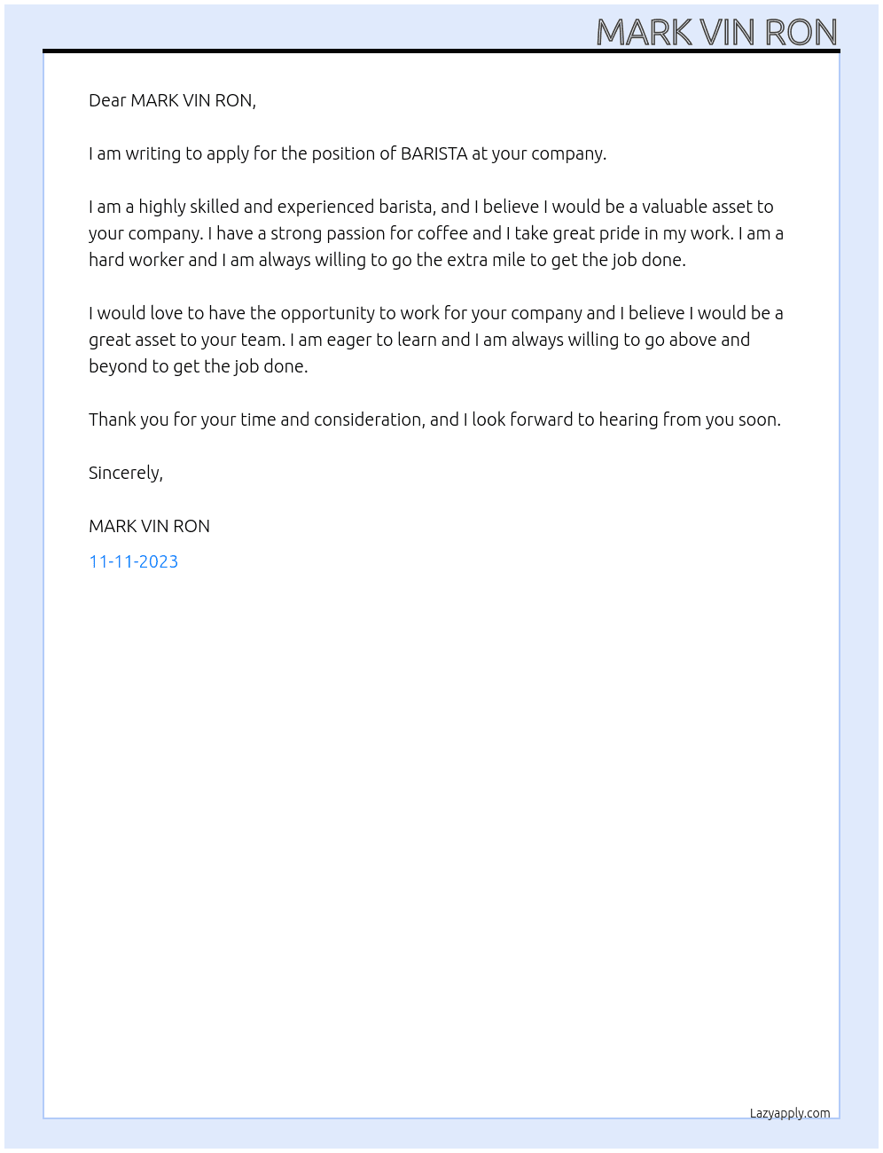 BARISTA At MARK VIN RON Cover Letter