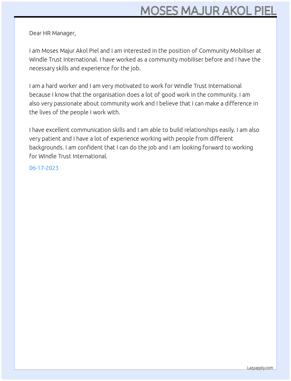 Community Mobiliser  At Windle Trust International  Cover Letter