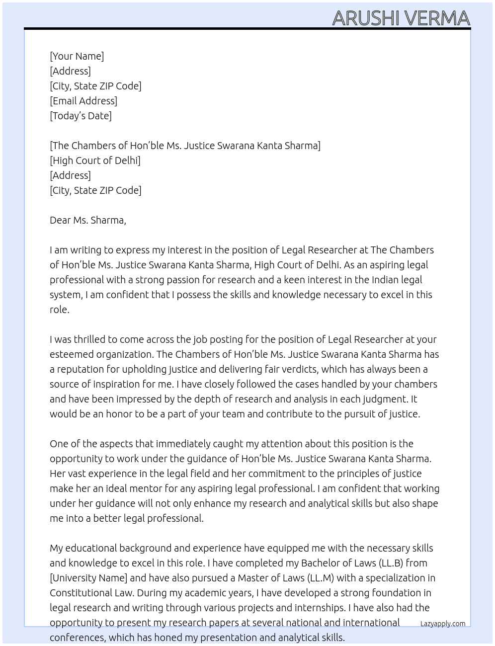Legal Researcher At The Chambers of Hon’ble Ms. Justice Swarana Kanta Sharma, High Court of Delhi Cover Letter