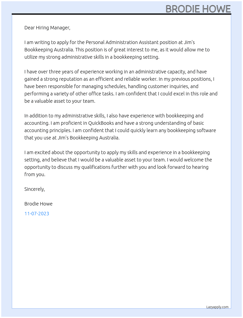 Personal Administration Assistant At Jim's Bookkeeping australia Cover Letter