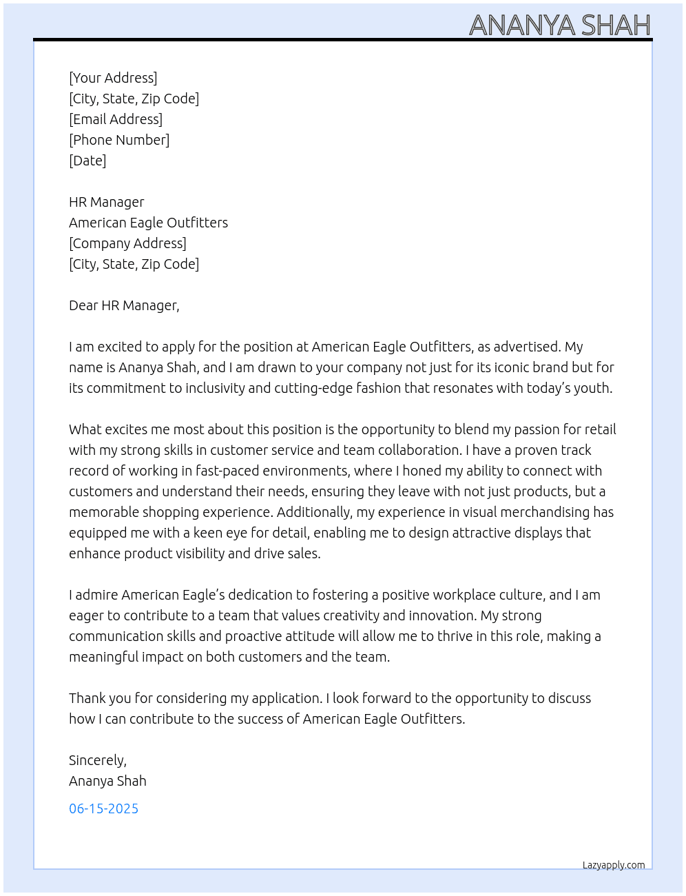 American Eagle At American Eagle Outfitters Cover Letter