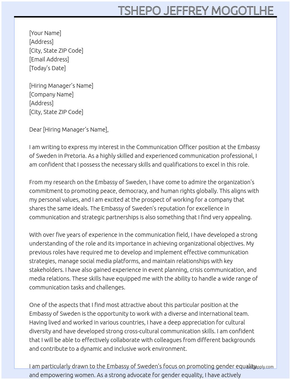 Communication Officer  At Embassy of Sweden  Cover Letter