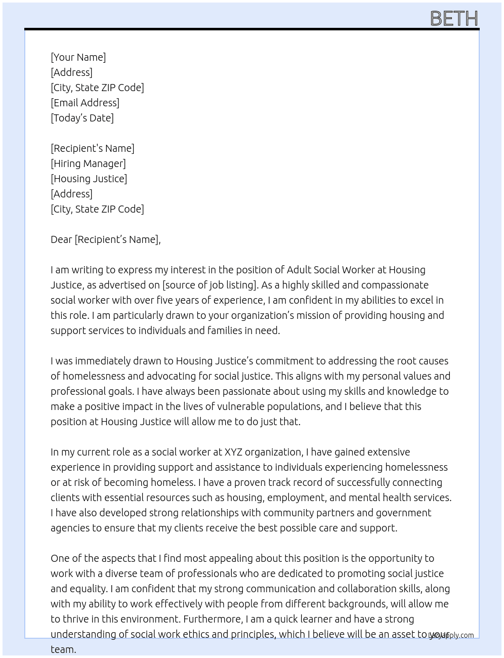 Adult Social Worker At Housing Justice Cover Letter