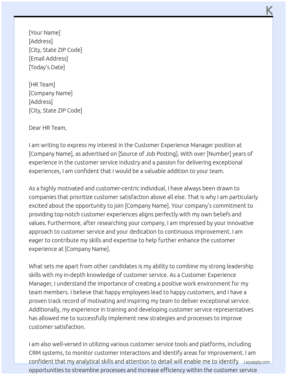 Customer Experience Manager At K Cover Letter