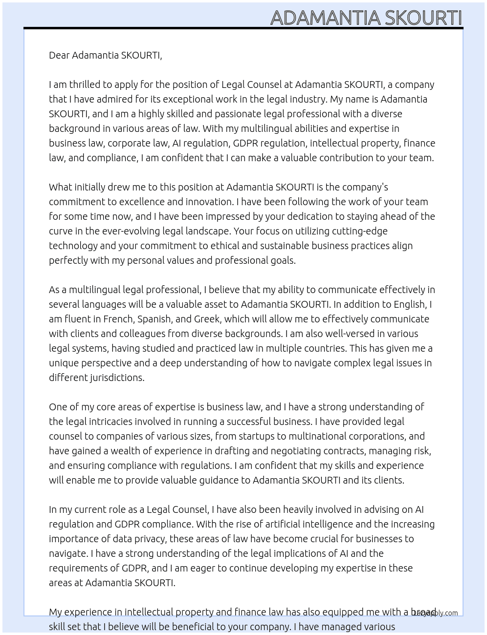 Legal Counsel  At Adamantia SKOURTI Cover Letter