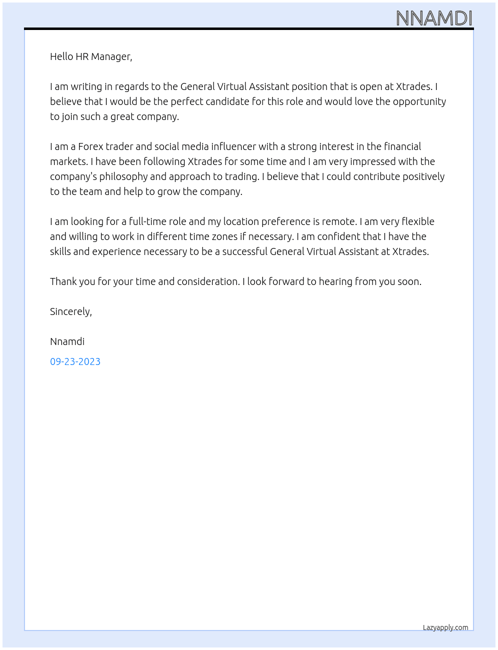General Virtual Assistant At Xtrades Cover Letter