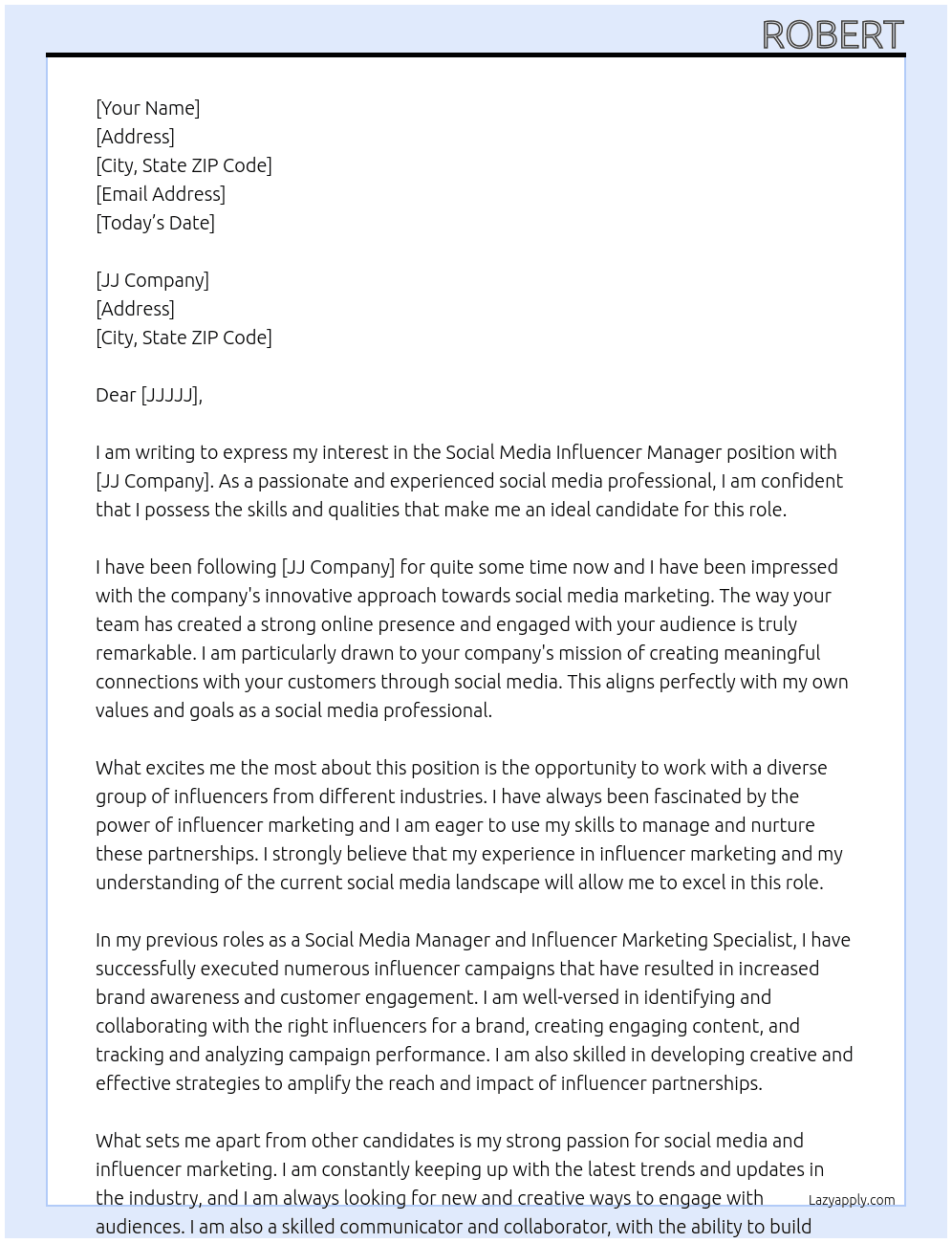 Social media influencer manager At jj Cover Letter
