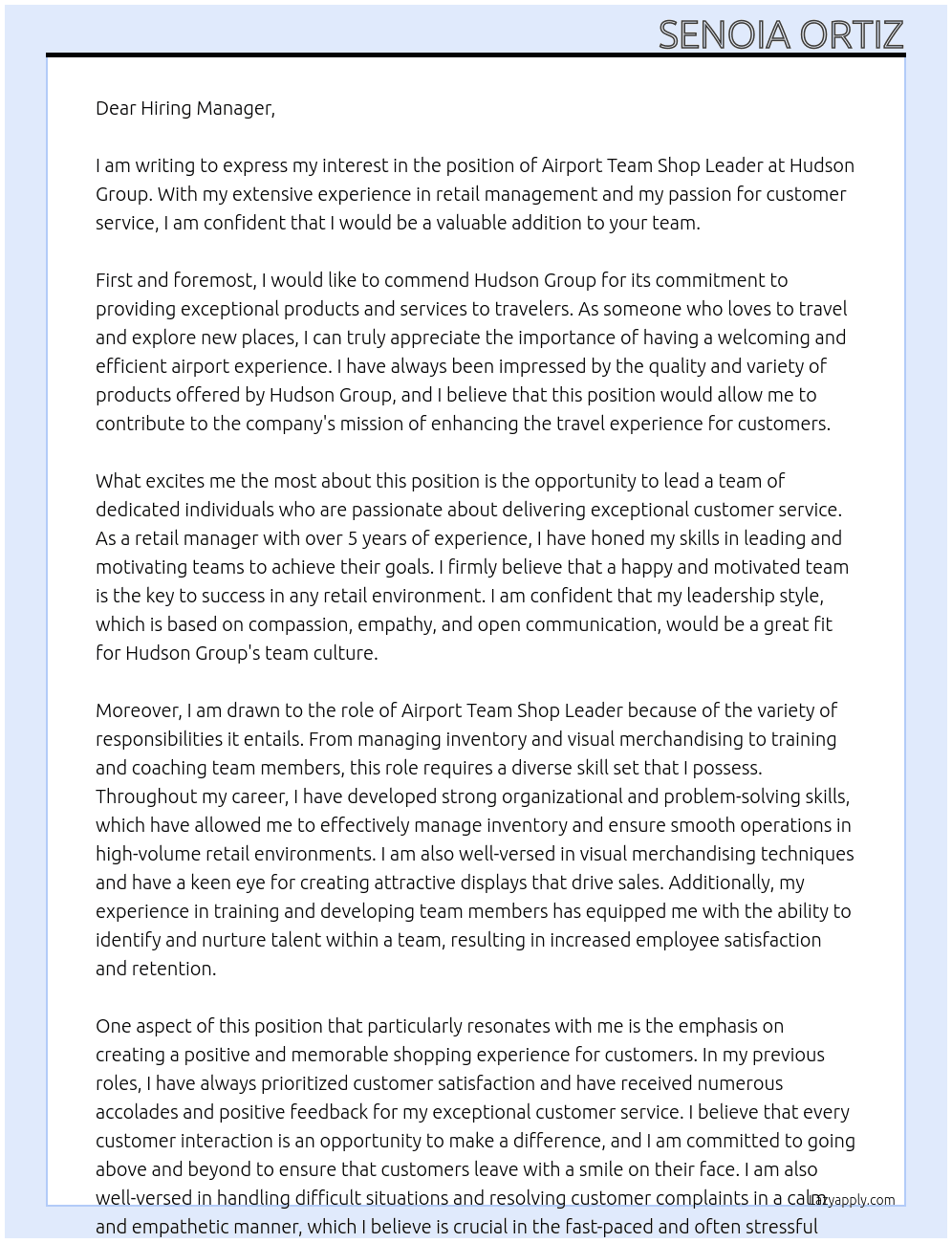 Airport Team shop leader At Hudson group Cover Letter