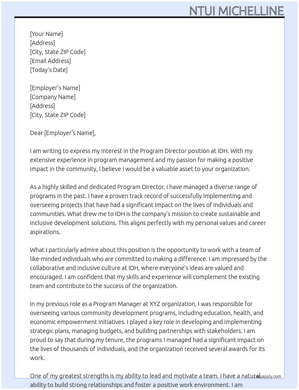 Program Director At IDH Cover Letter