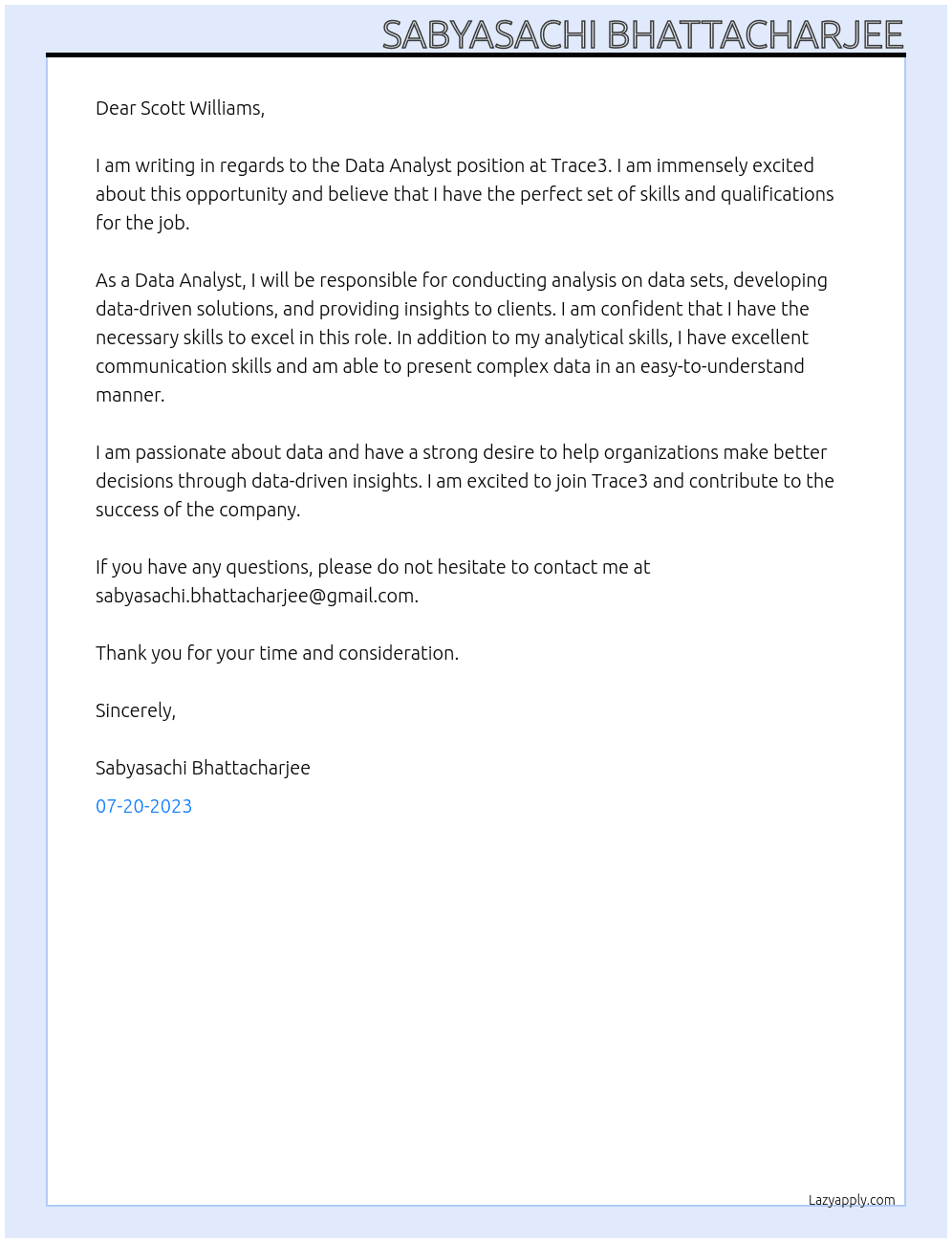 Data Analyst At Trace3 Cover Letter