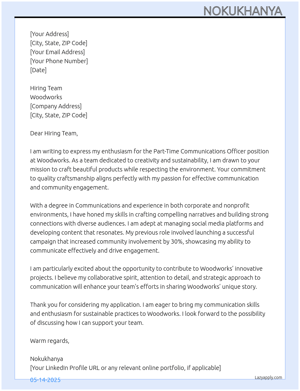 Part time Communications Officer  At Woodworks Cover Letter