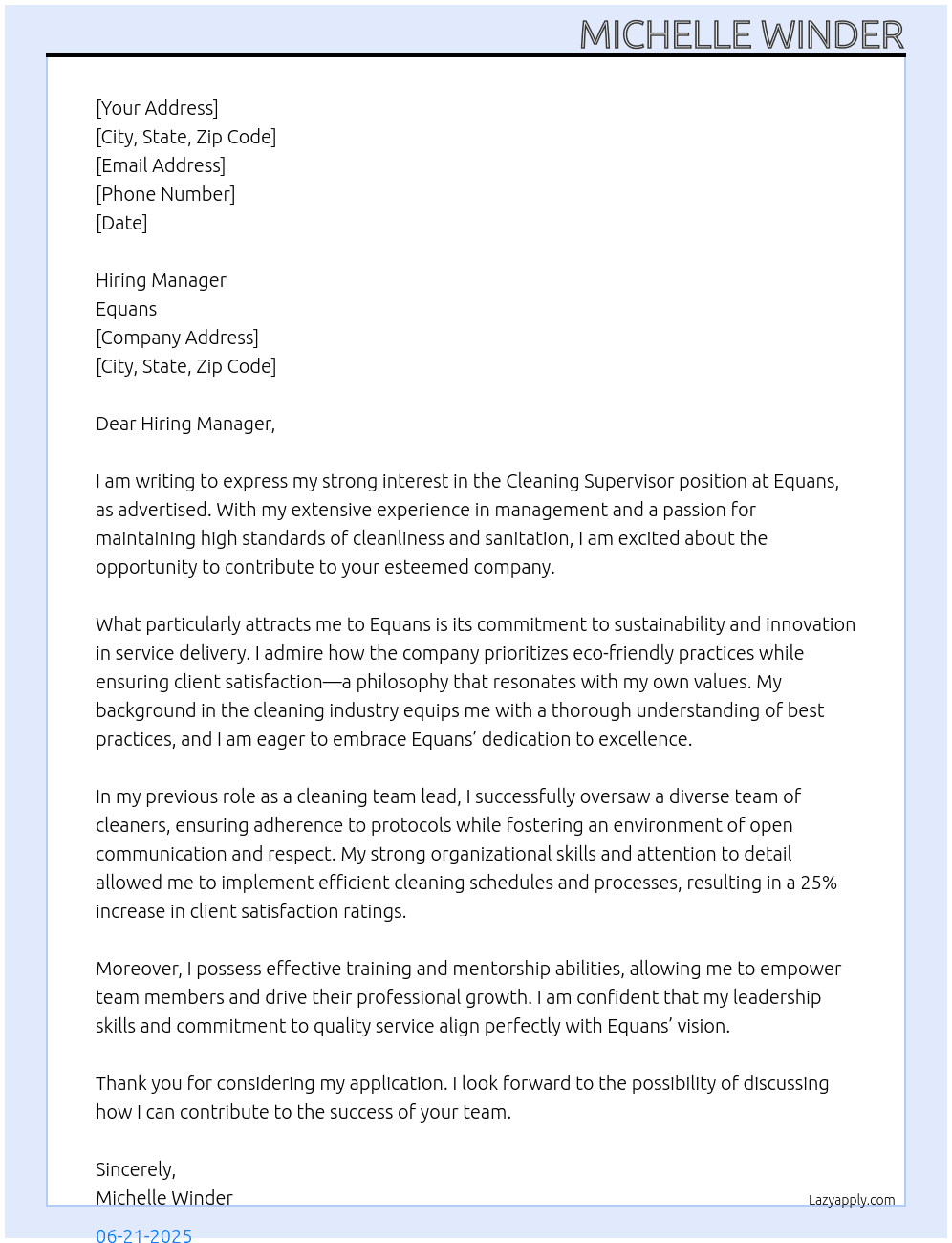 cleaning supervisor At Equans Cover Letter