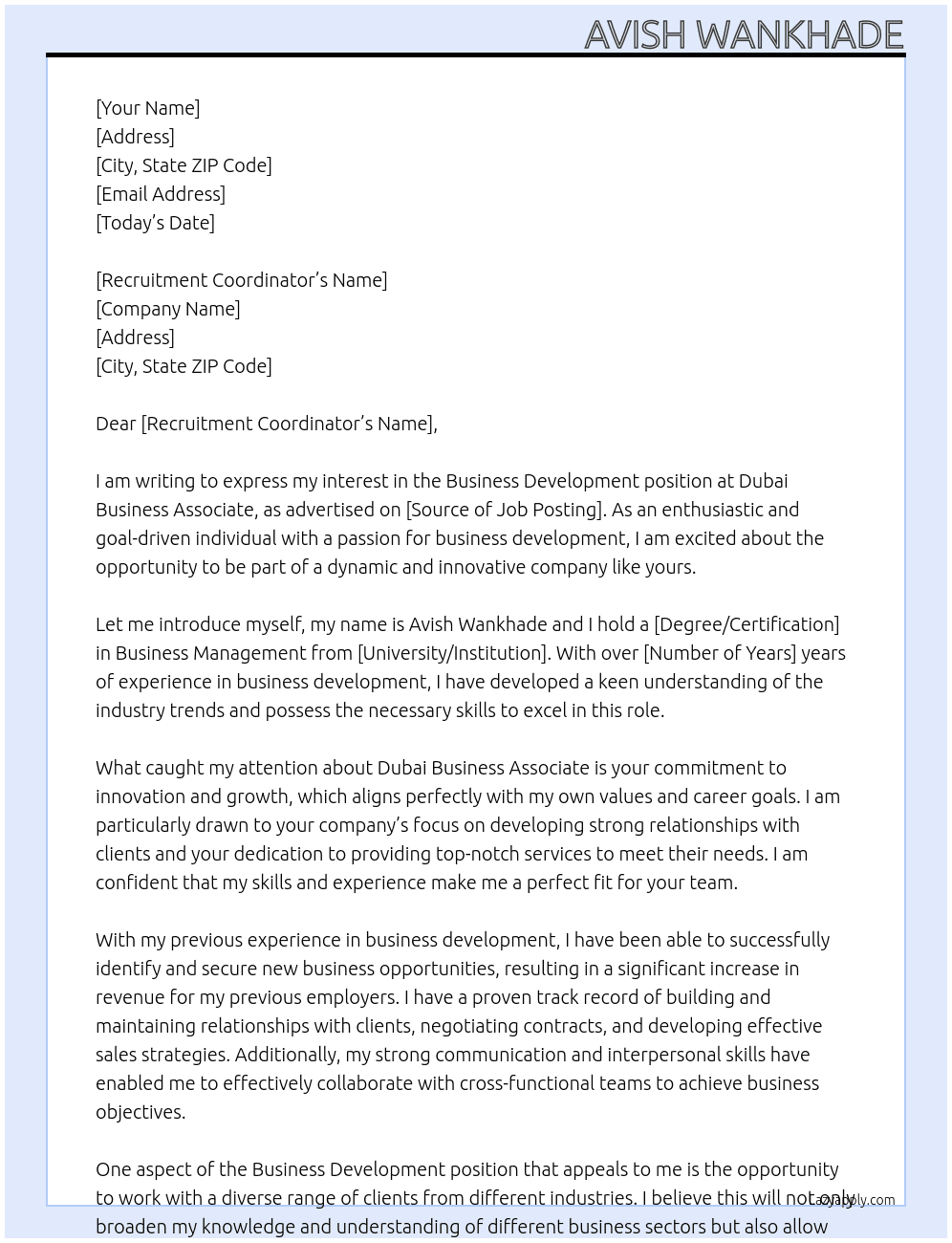 Business Development  At Dubai Business Associate  Cover Letter