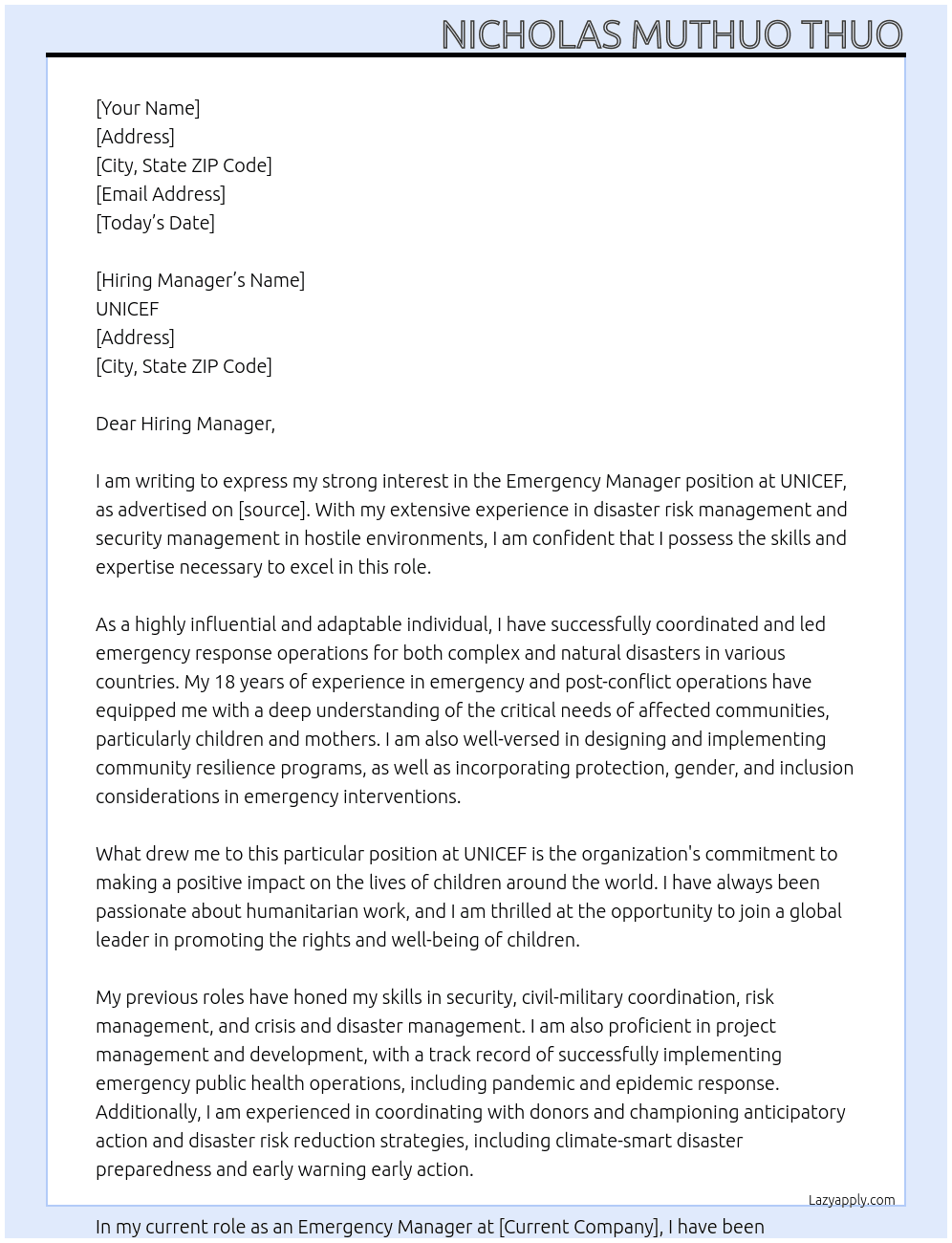 Cover letter for emergency manager - LazyApply