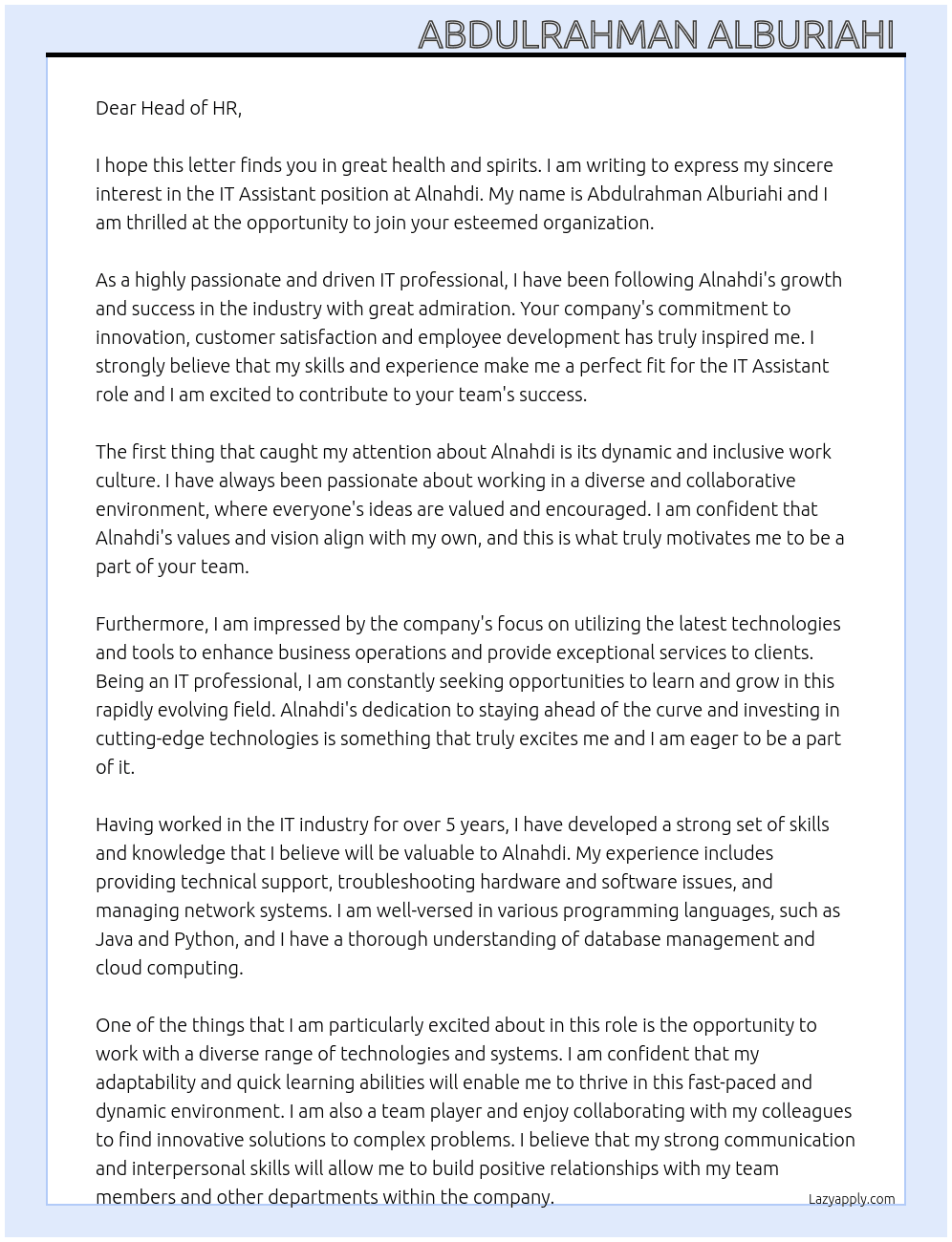 IT Assistant  At Alnahdi  Cover Letter