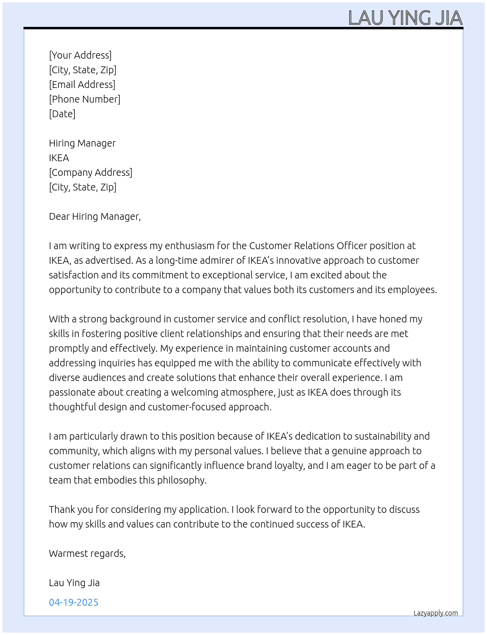 Customer Relations Officer At IKEA Cover Letter
