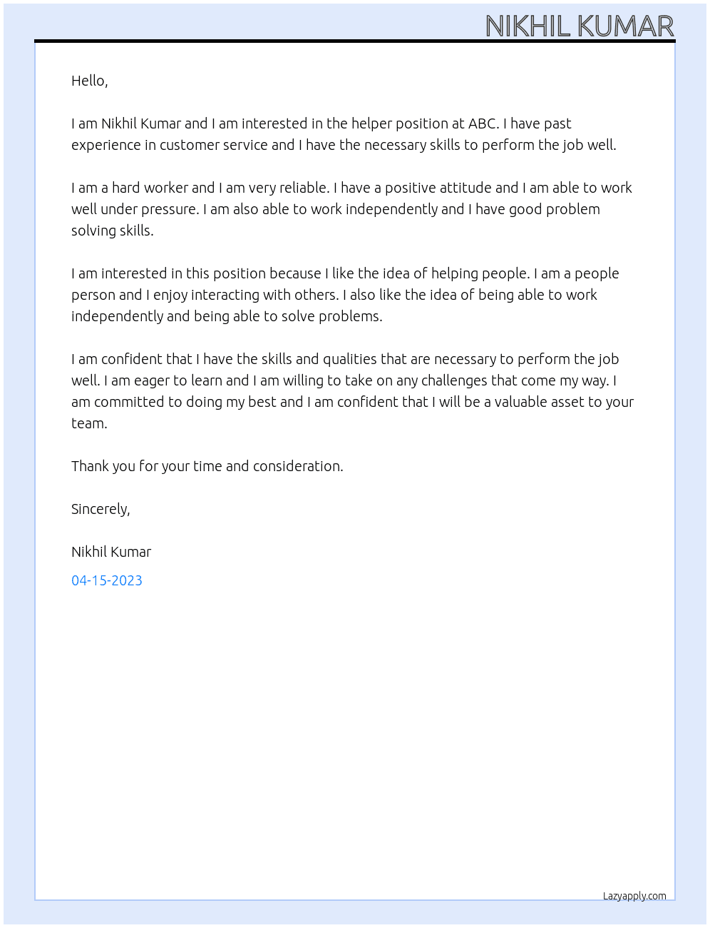 helper At abc Cover Letter