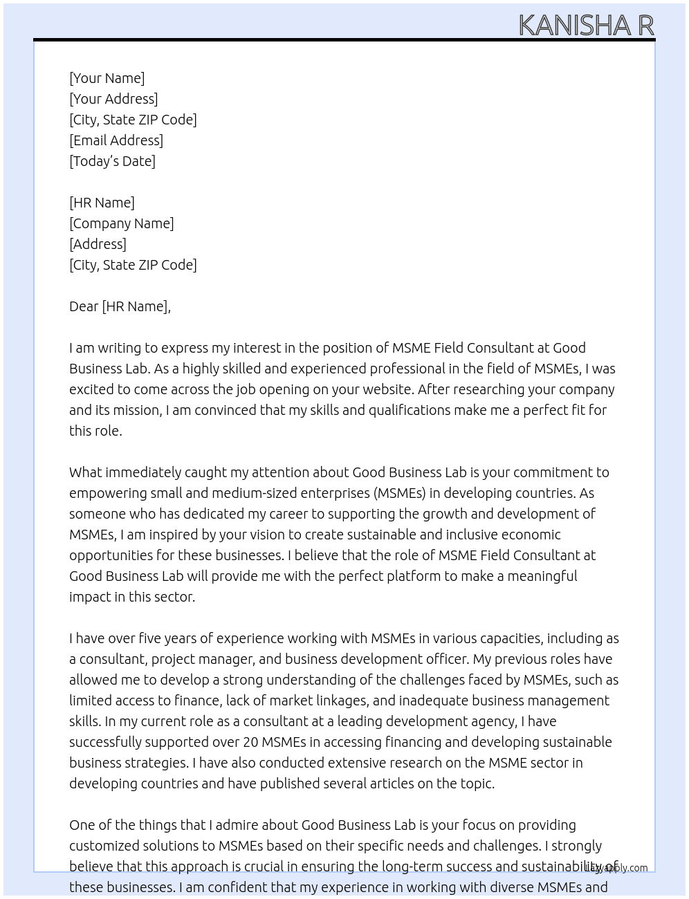 MSME Field consultant At Good business lab Cover Letter