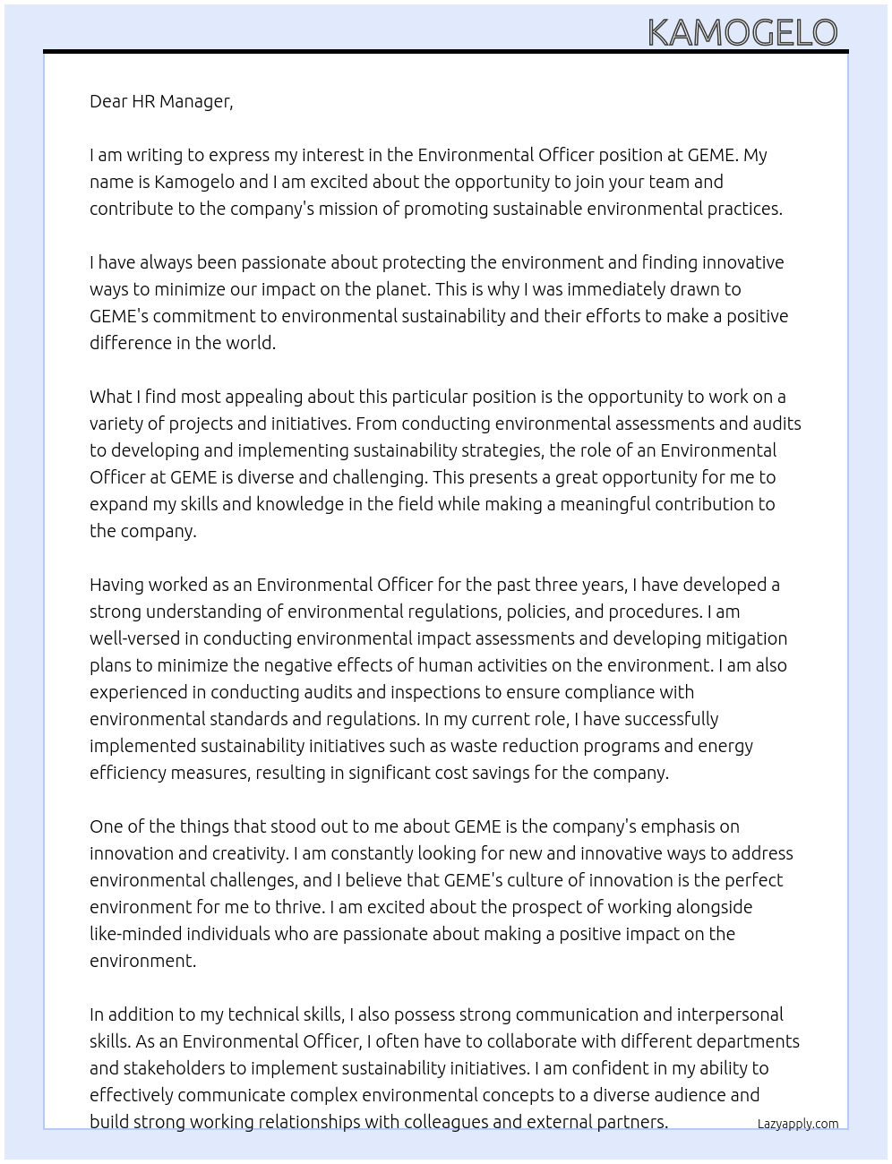 Environmental Officer  At GEME Cover Letter