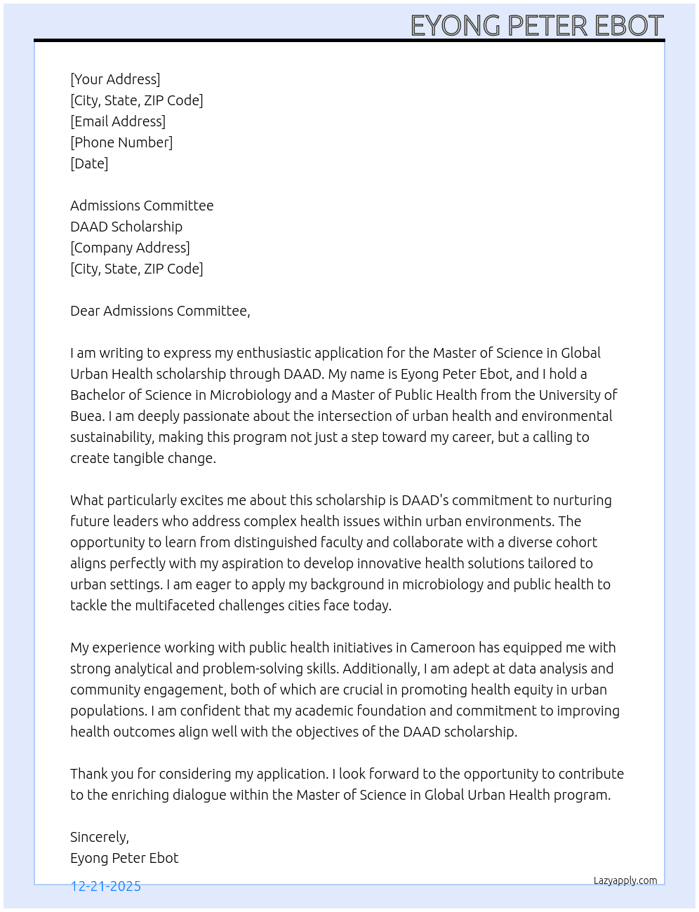 Master of Science in Global Urban Health At DAAD scholarship Cover Letter