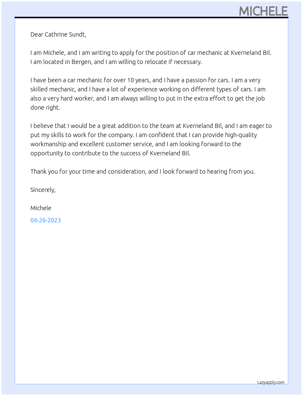 car mechanic At Kverneland Bil Cover Letter