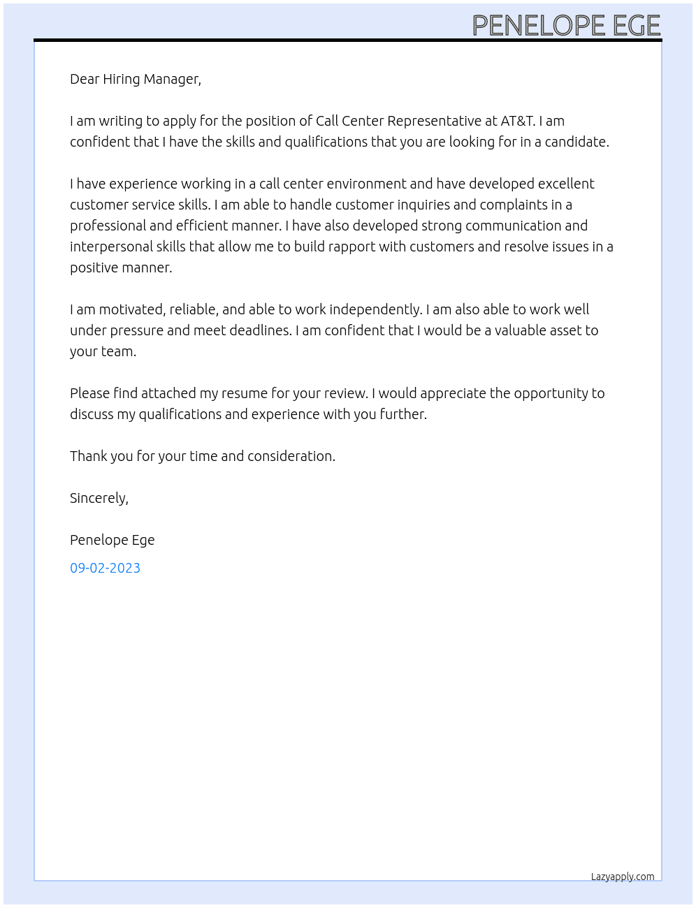 Call Center Representative  At AT&T Cover Letter