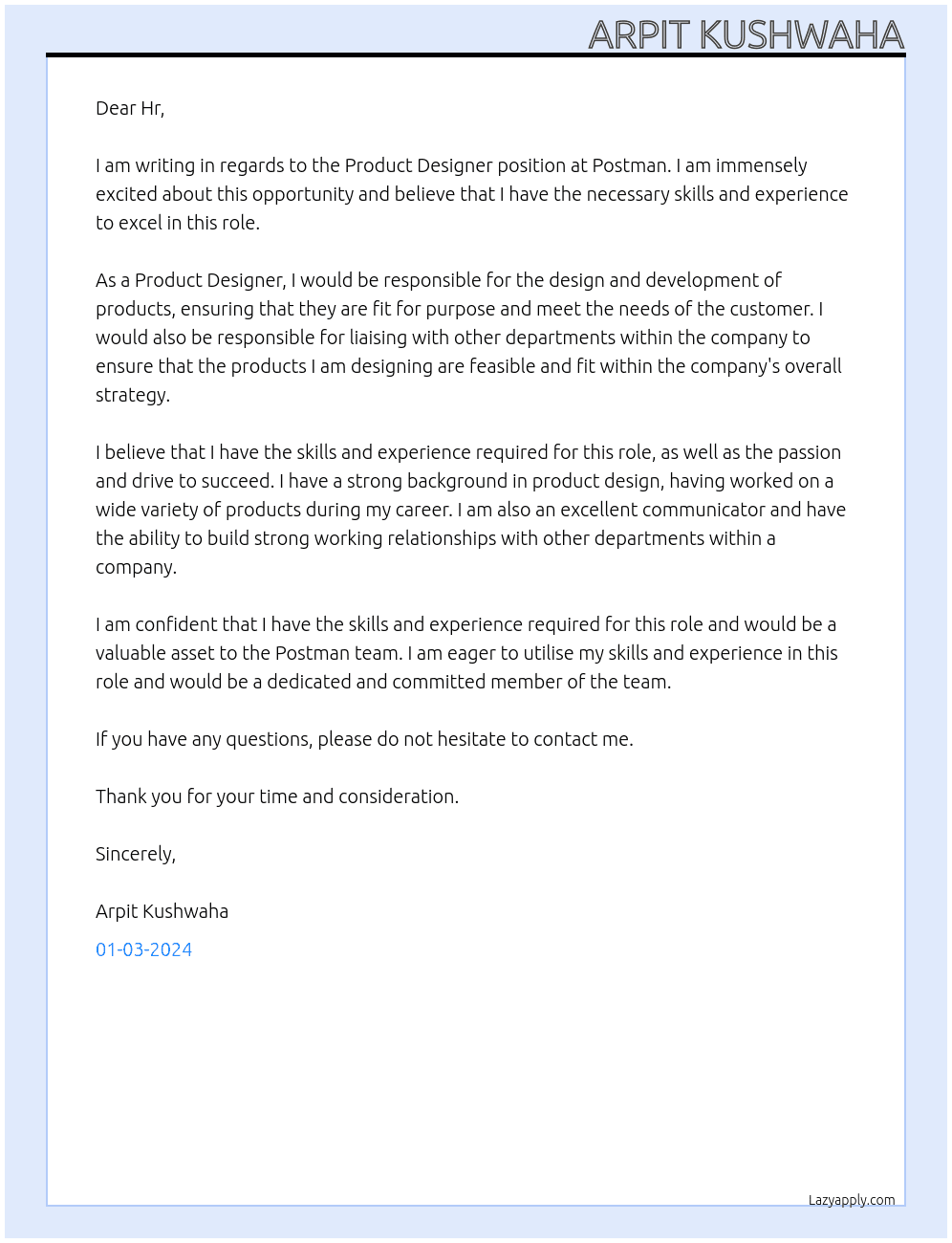 Product Designer  At Postman  Cover Letter