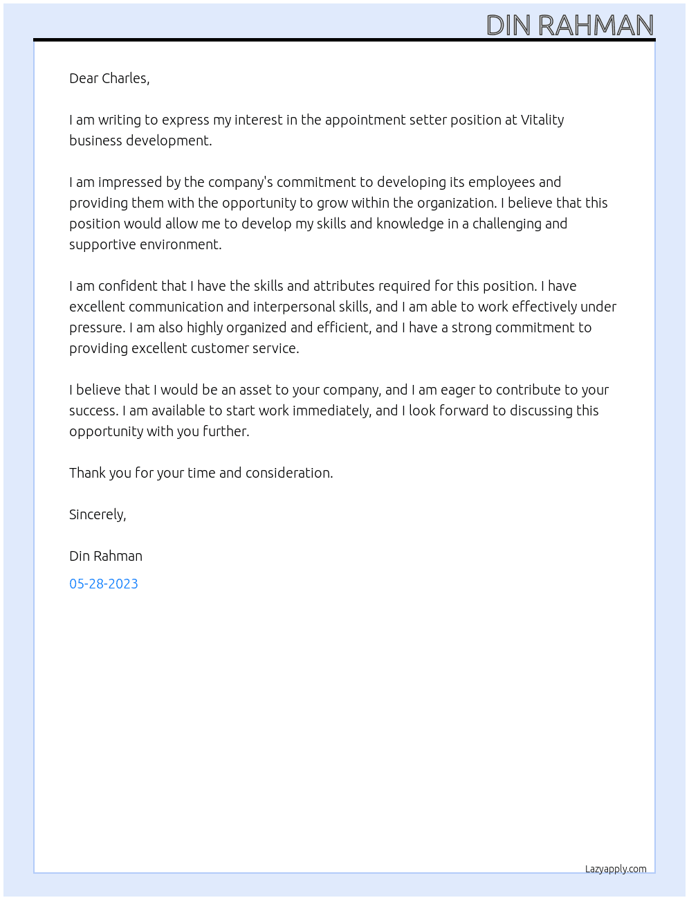 Appointment Setter At Vitality business development Cover Letter