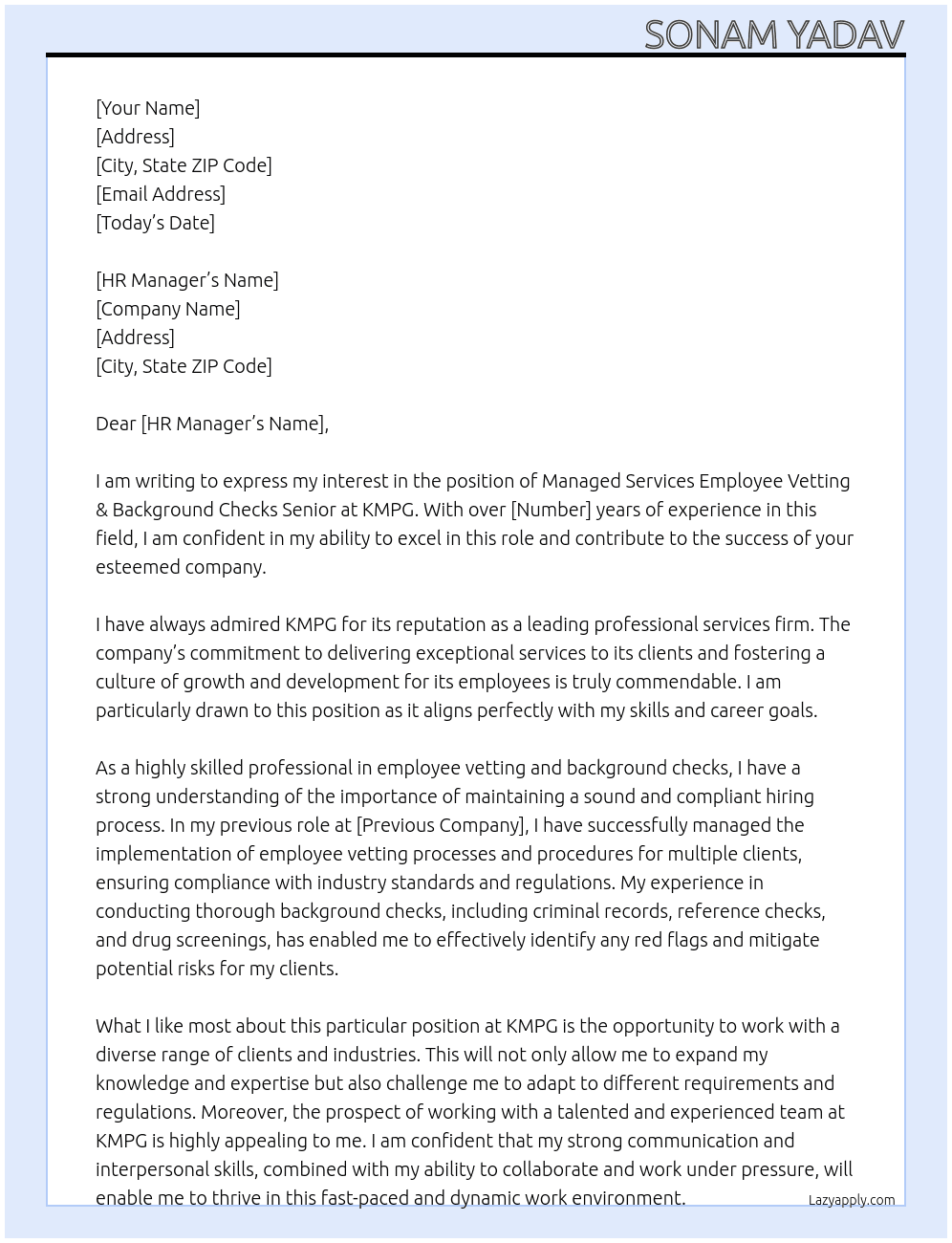 Managed Services Employee Vetting & Background checks Senior At KMPG Cover Letter