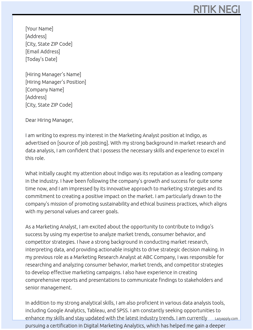 Marketing Analyst At Indigo Cover Letter