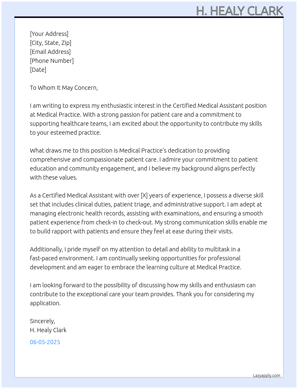 Certified Medical Assistant At Medical Practice Cover Letter