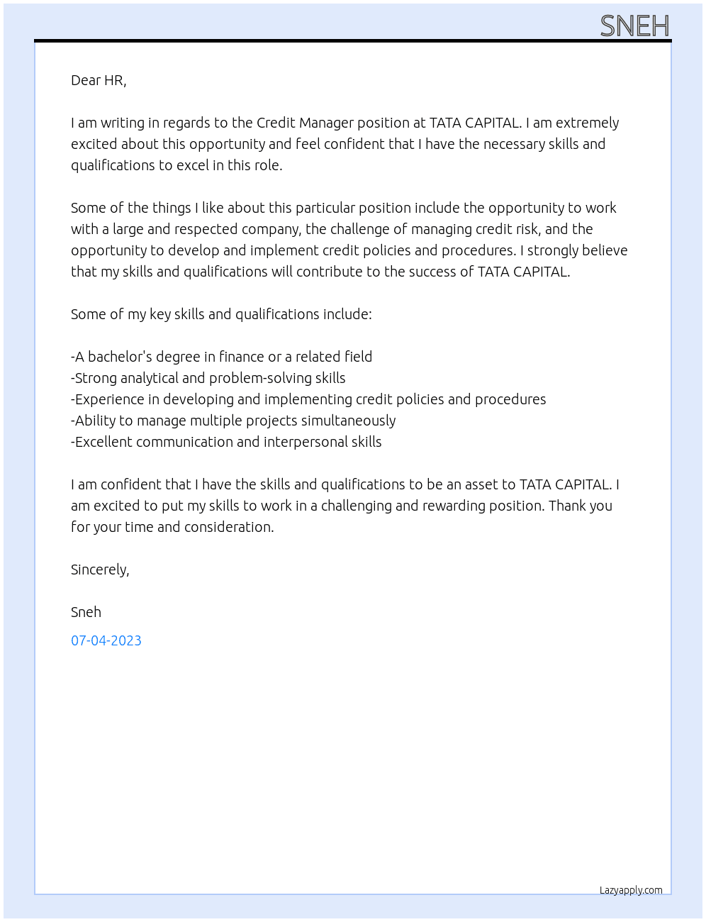Credit Manager At TATA CAPITAL Cover Letter