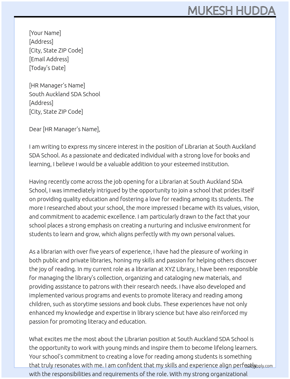 Librarian  At South Auckland SDA School Cover Letter