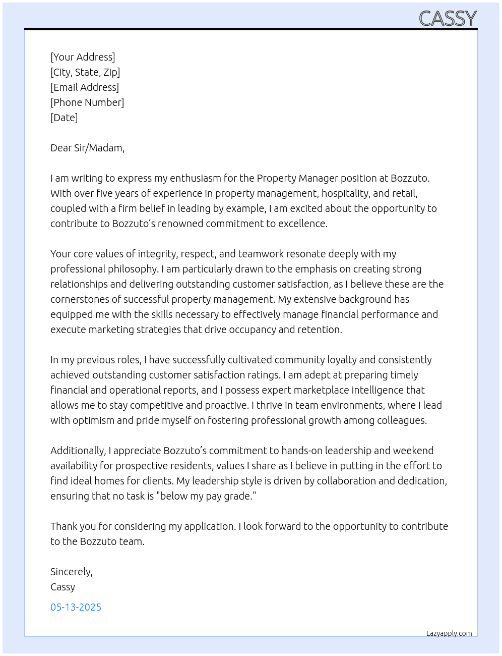 Property Manager At Bozzuto Cover Letter