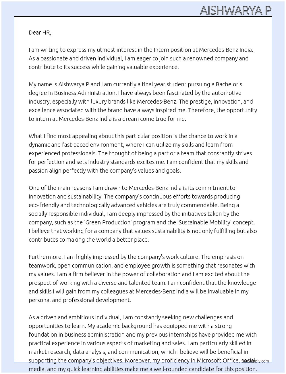 Intern At Mercedes-Benz India Cover Letter