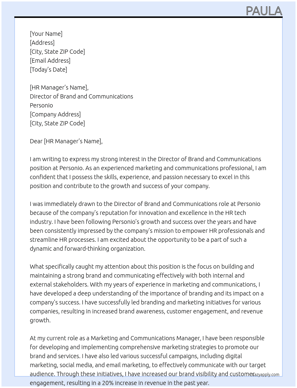 Director, brand and communications  At Personio Cover Letter