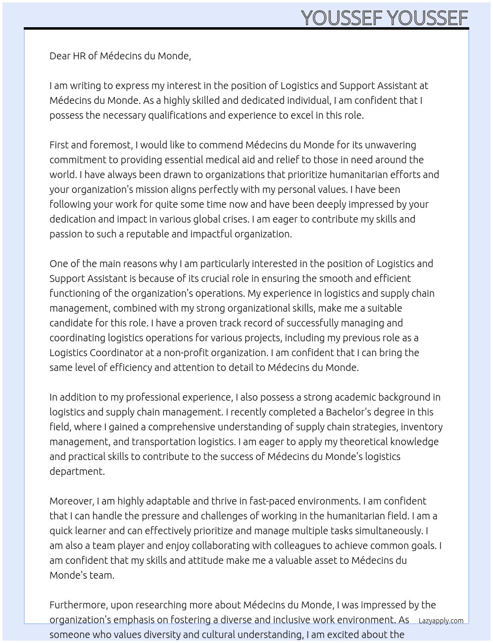 Logistics and Support Assitant At Médecins du Monds Cover Letter