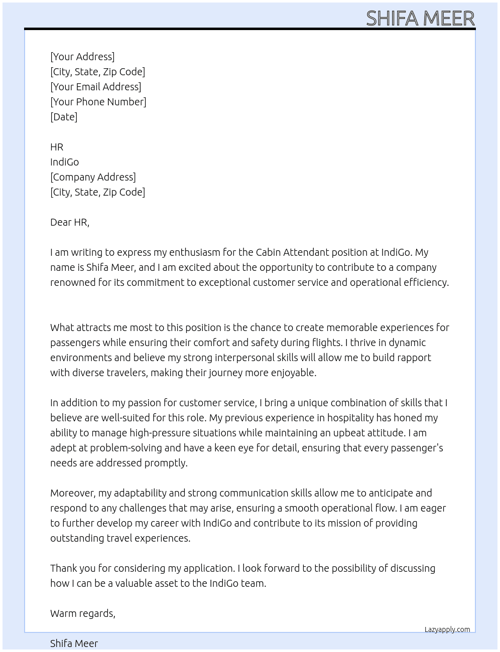 Cabin Attendant At INDIGO Cover Letter