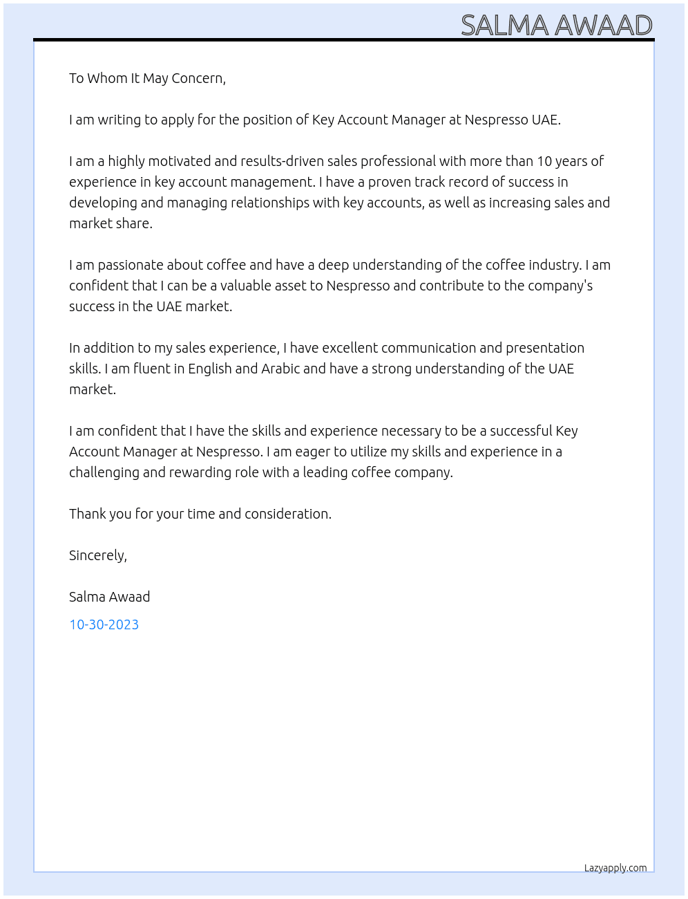 Key account manager At Nespresso UAE Cover Letter