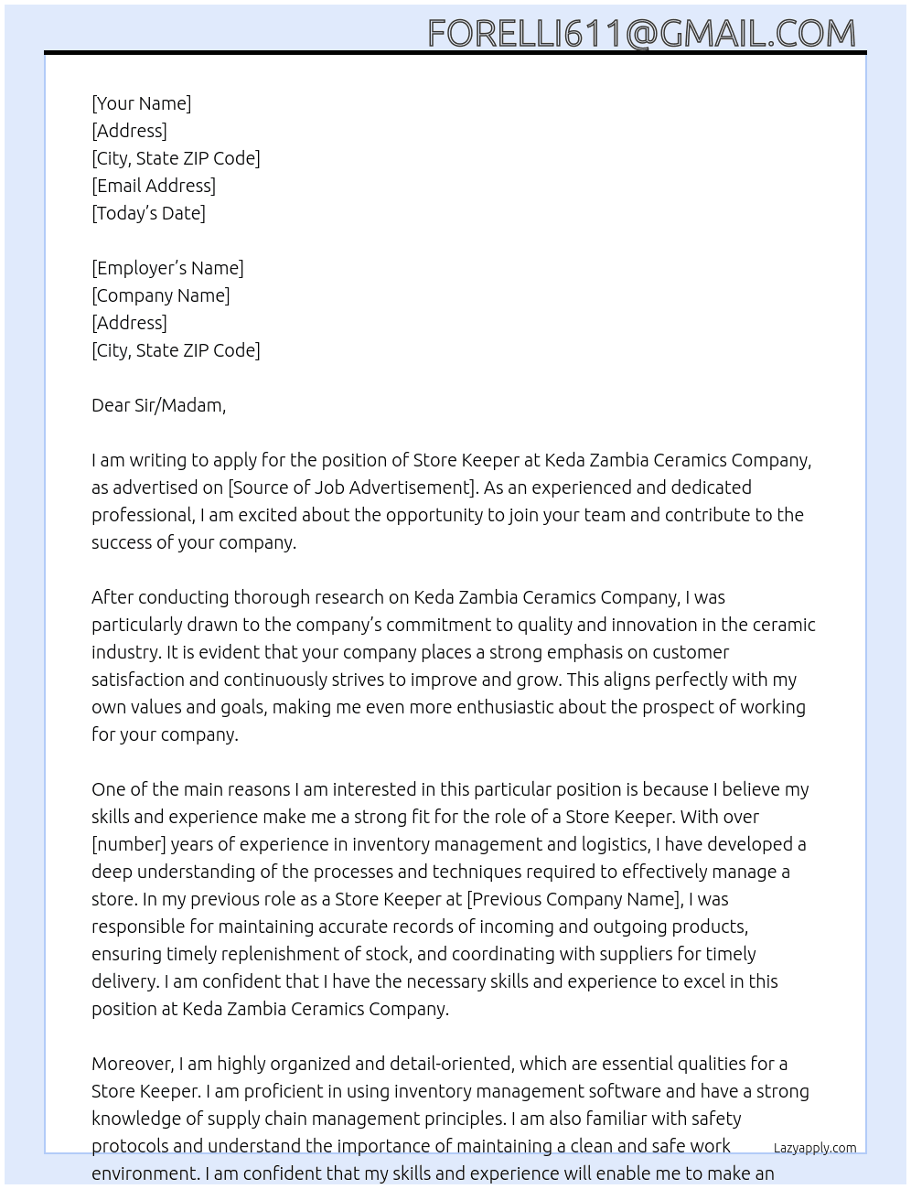 Store keeper At Keda Zambia Ceramics Company Cover Letter