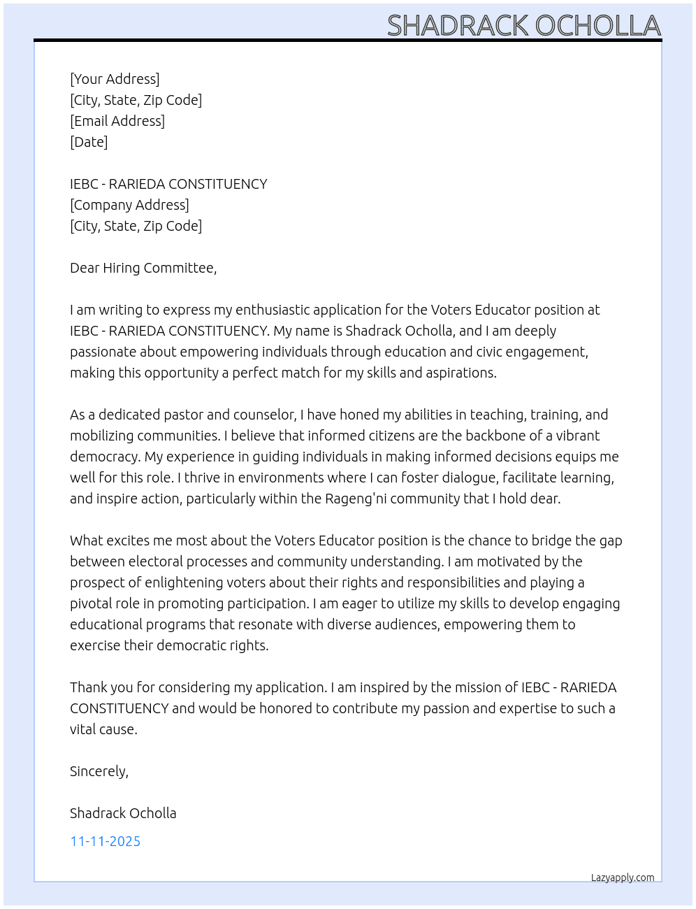 Cover letter for voters educator - LazyApply
