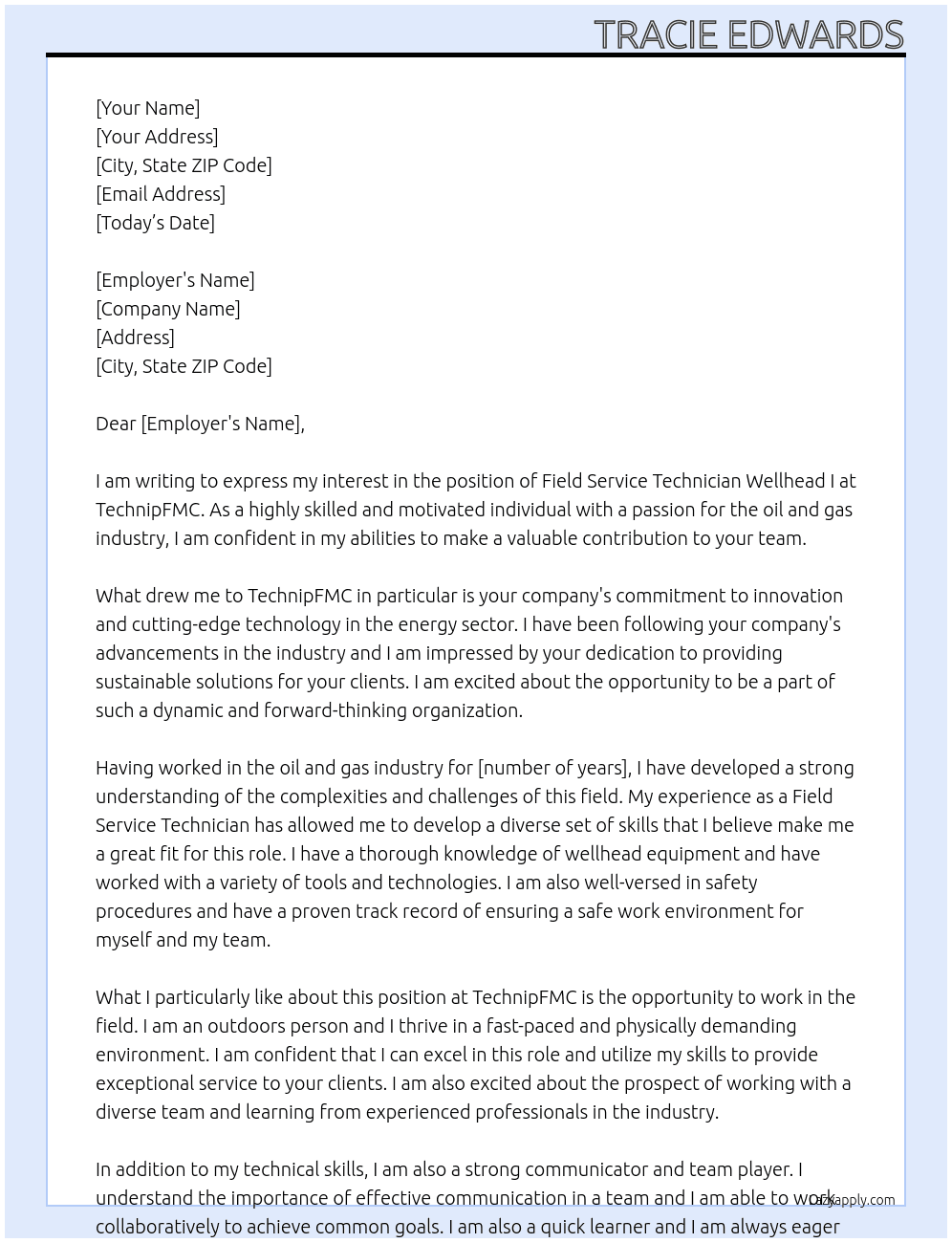 Field Service Technician Wellhead I At TechnipFMC Cover Letter