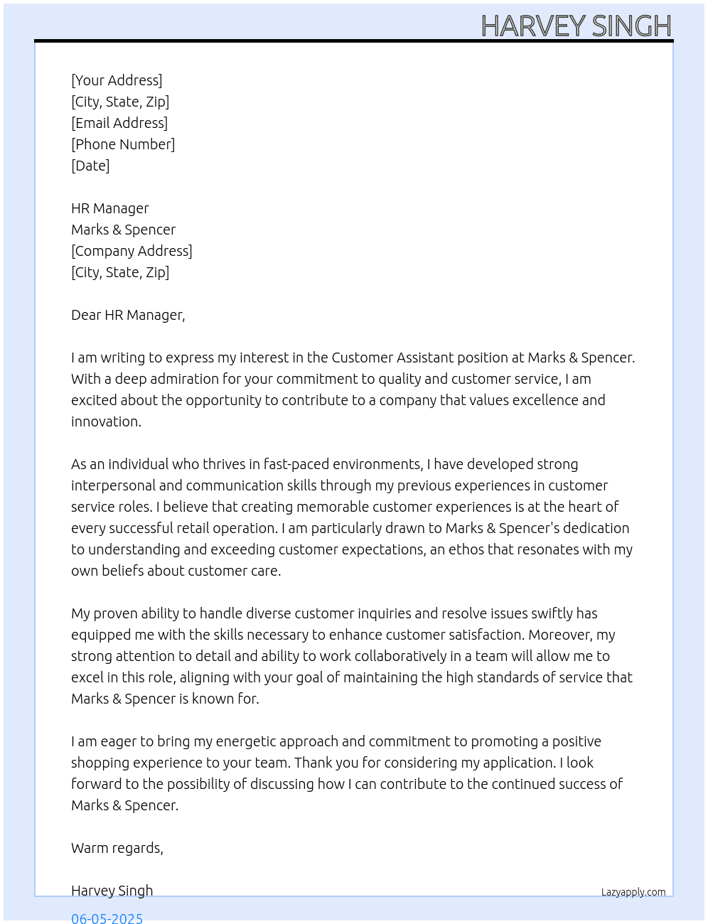 customer assistant  At Marks & Spencers  Cover Letter