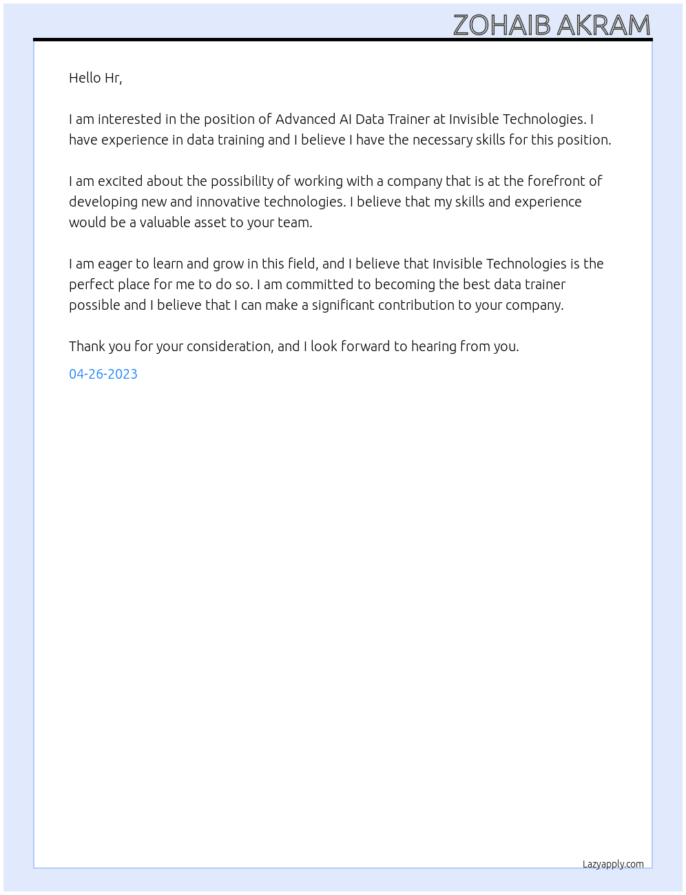Advanced AI Data Trainer At Invisible techonologies Cover Letter