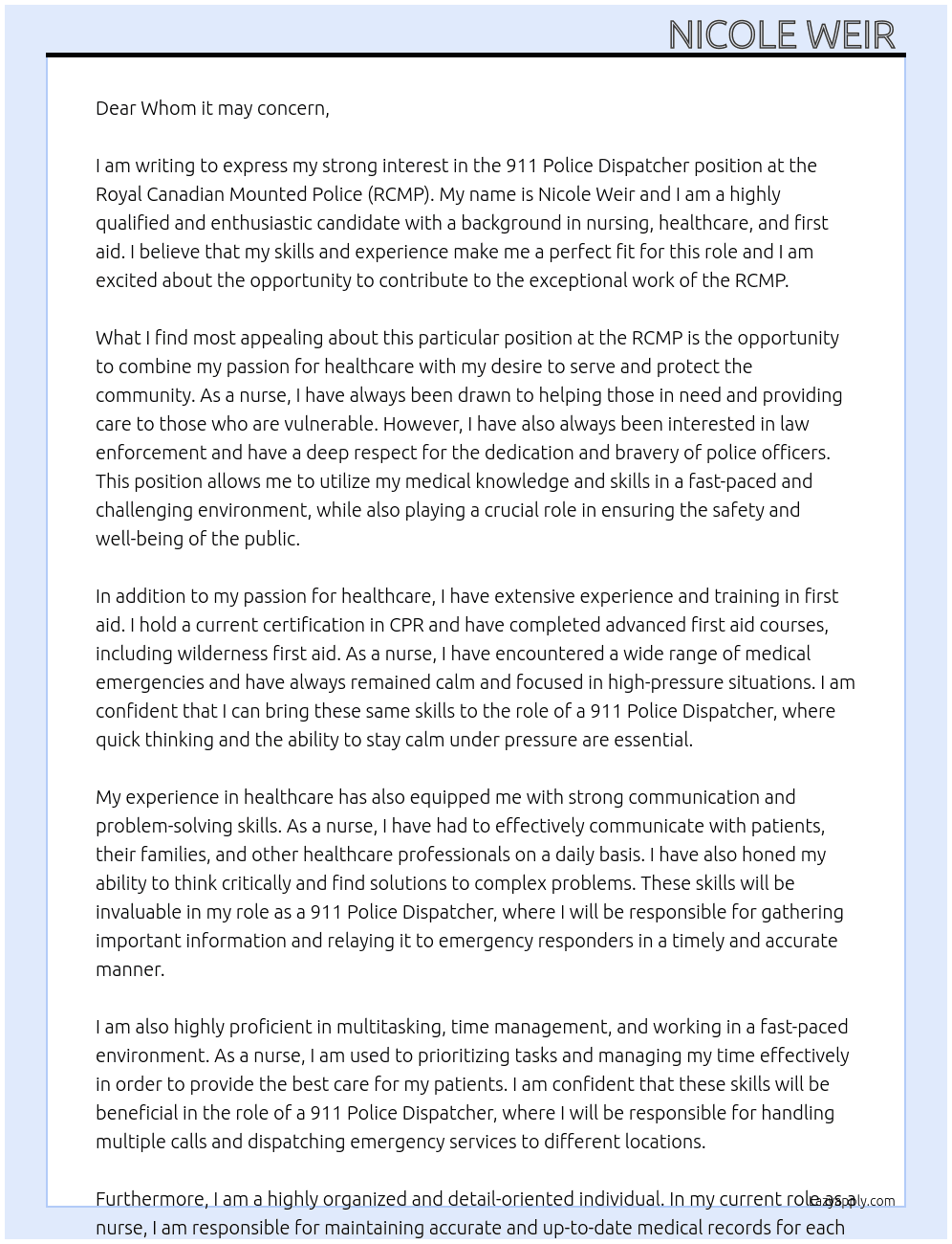 911 Police Dispatcher At RCMP  Cover Letter
