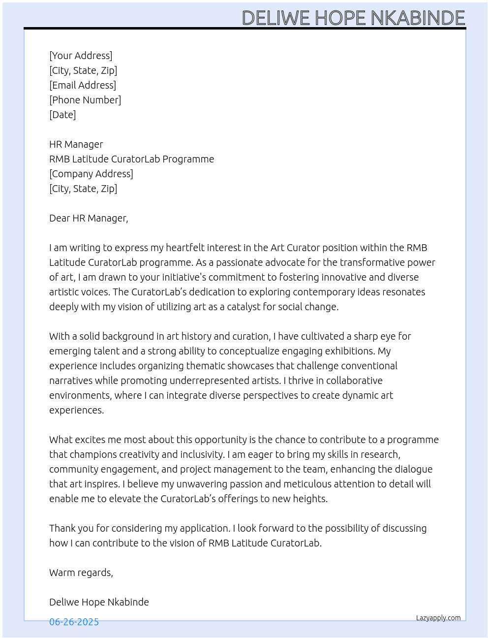 Curator  At RMB Latitude CuratorLab programme  Cover Letter