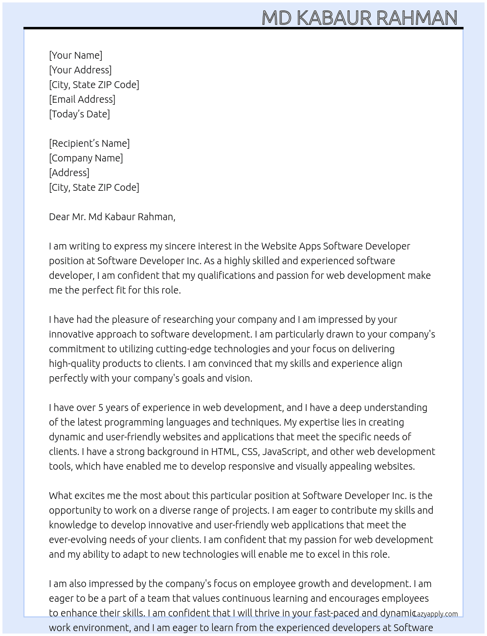 Website Apps Software Developer  At Software Developer Inc Cover Letter