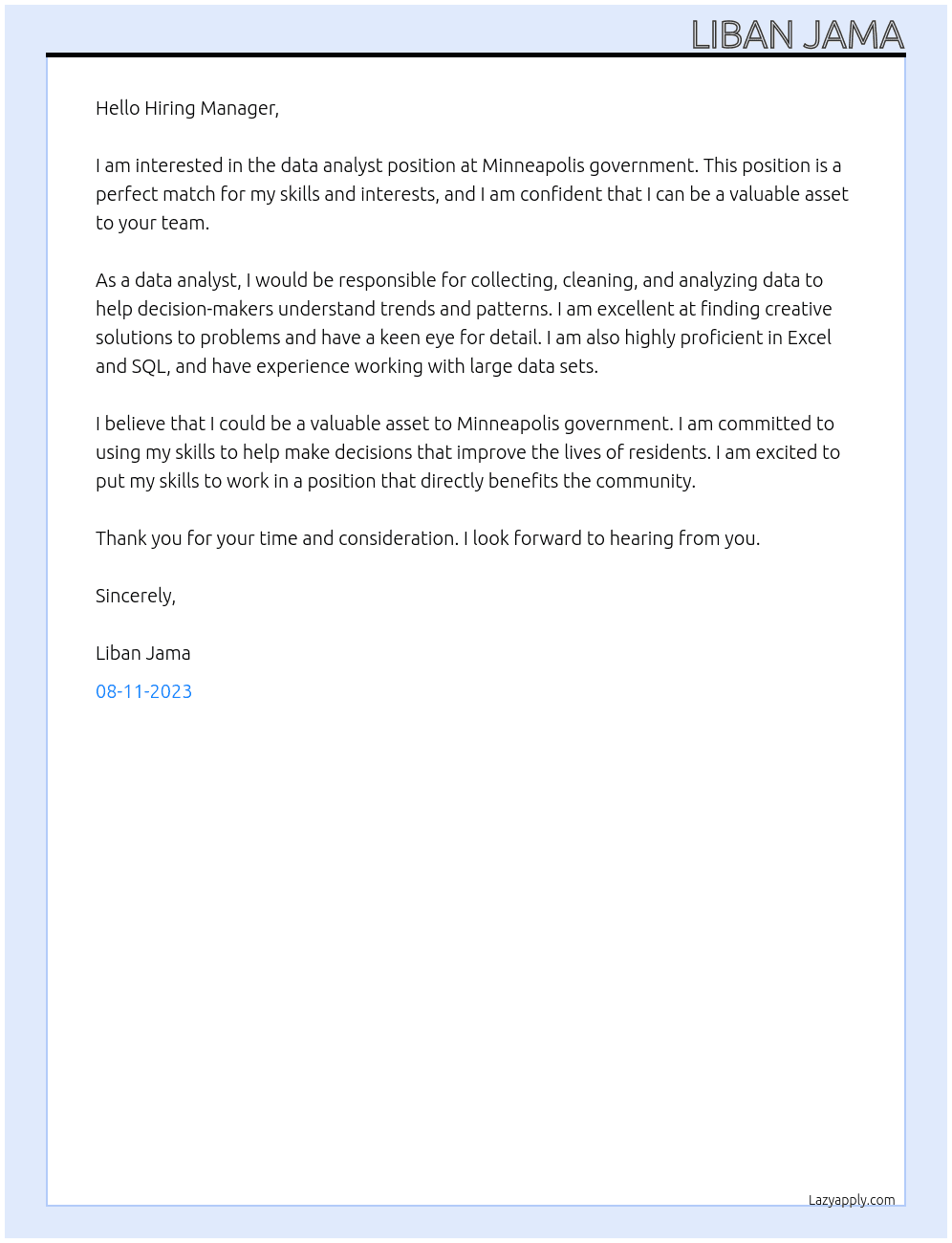 data analyst At Minneapolis government Cover Letter