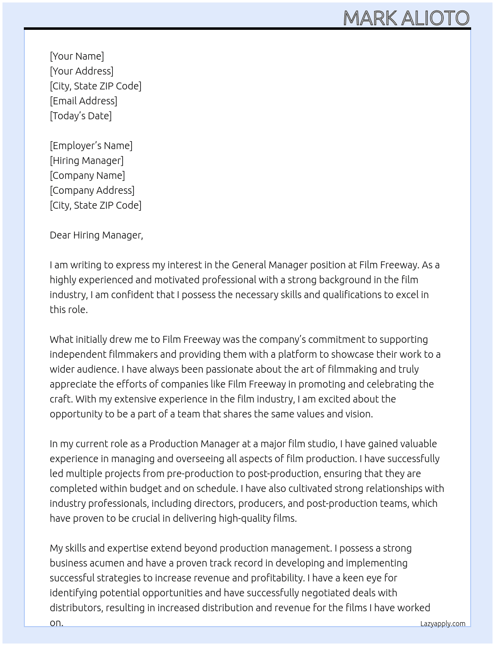 General Manager At Film Freeway Cover Letter